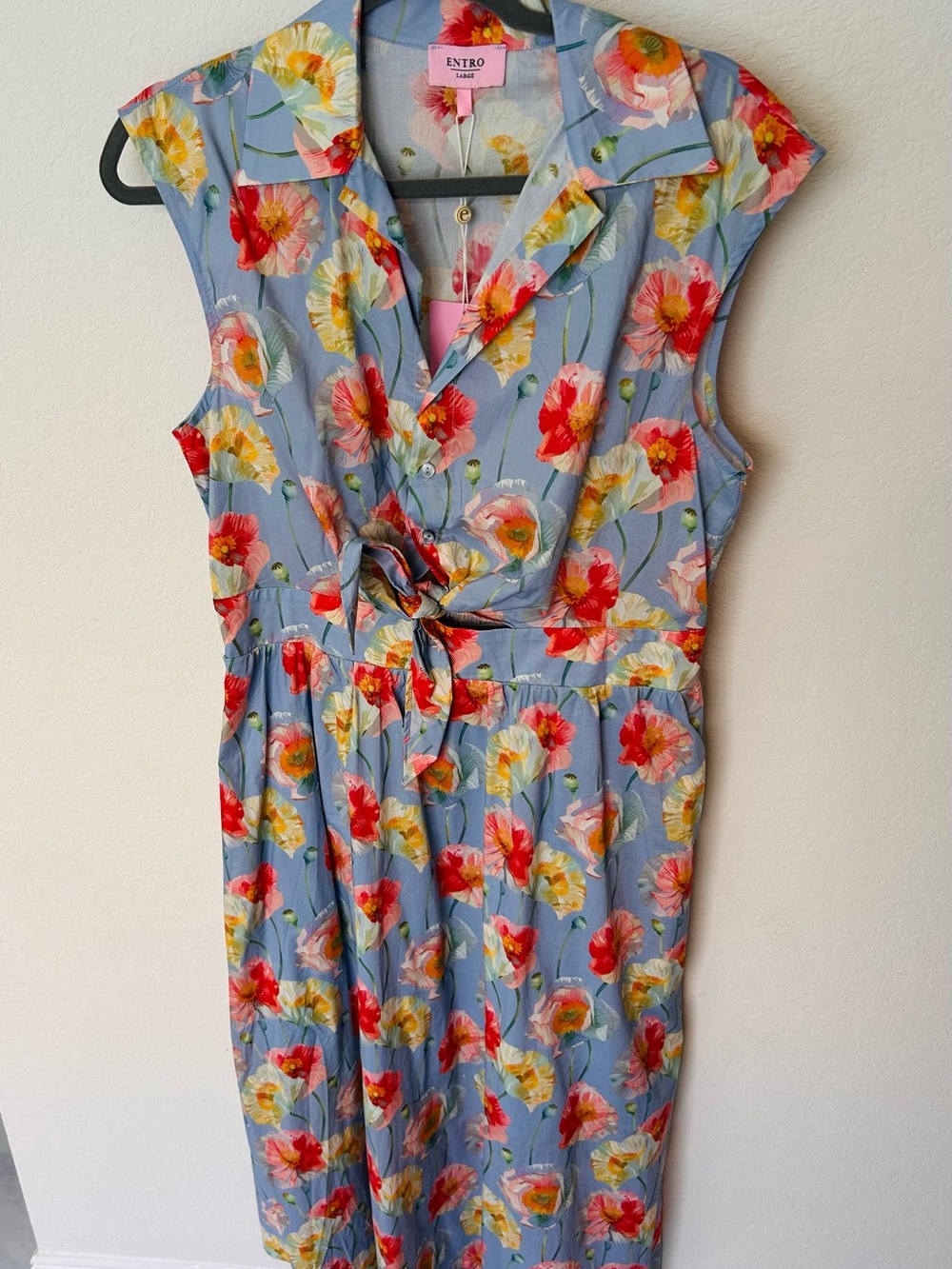entro Blue Floral Tie-Front Midi Dress with Red & Yellow Poppies